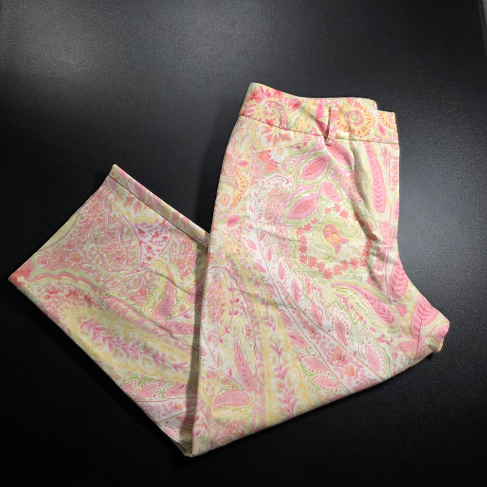 Talbots Petites Pink Yellow Paisley Straight Leg Stretch Cotton Pants Size 10P